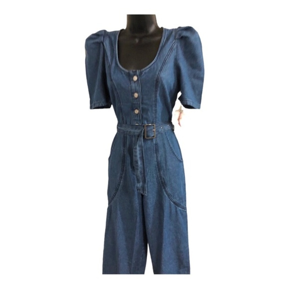 Jessica Simpson blue jeans denim puff sleeve adjustable hem jumpsuit size XS new - Picture 11 of 16